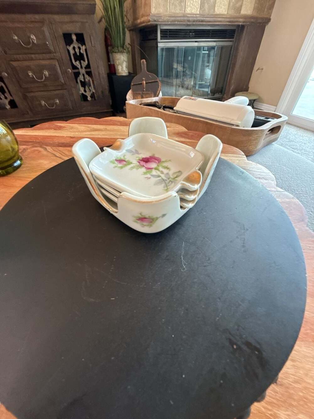 Vintage Lefton China Hand Painted Rose Porcelain Ashtray Set with Caddy Holder